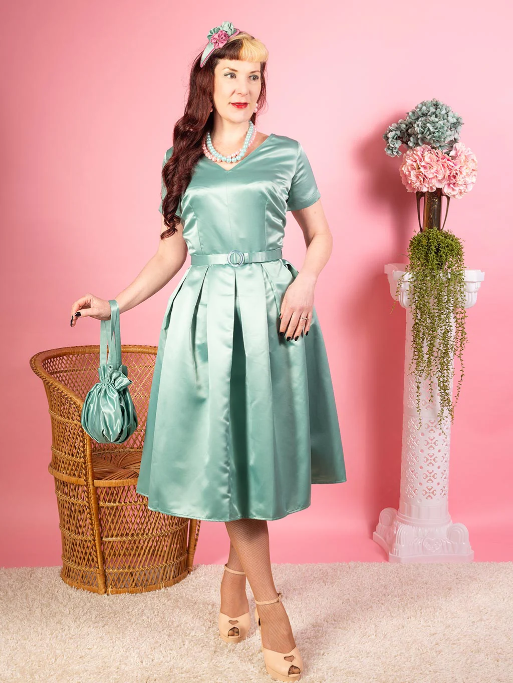 Denise 1950s Satin Pleated Dress Sage Green - Image 4