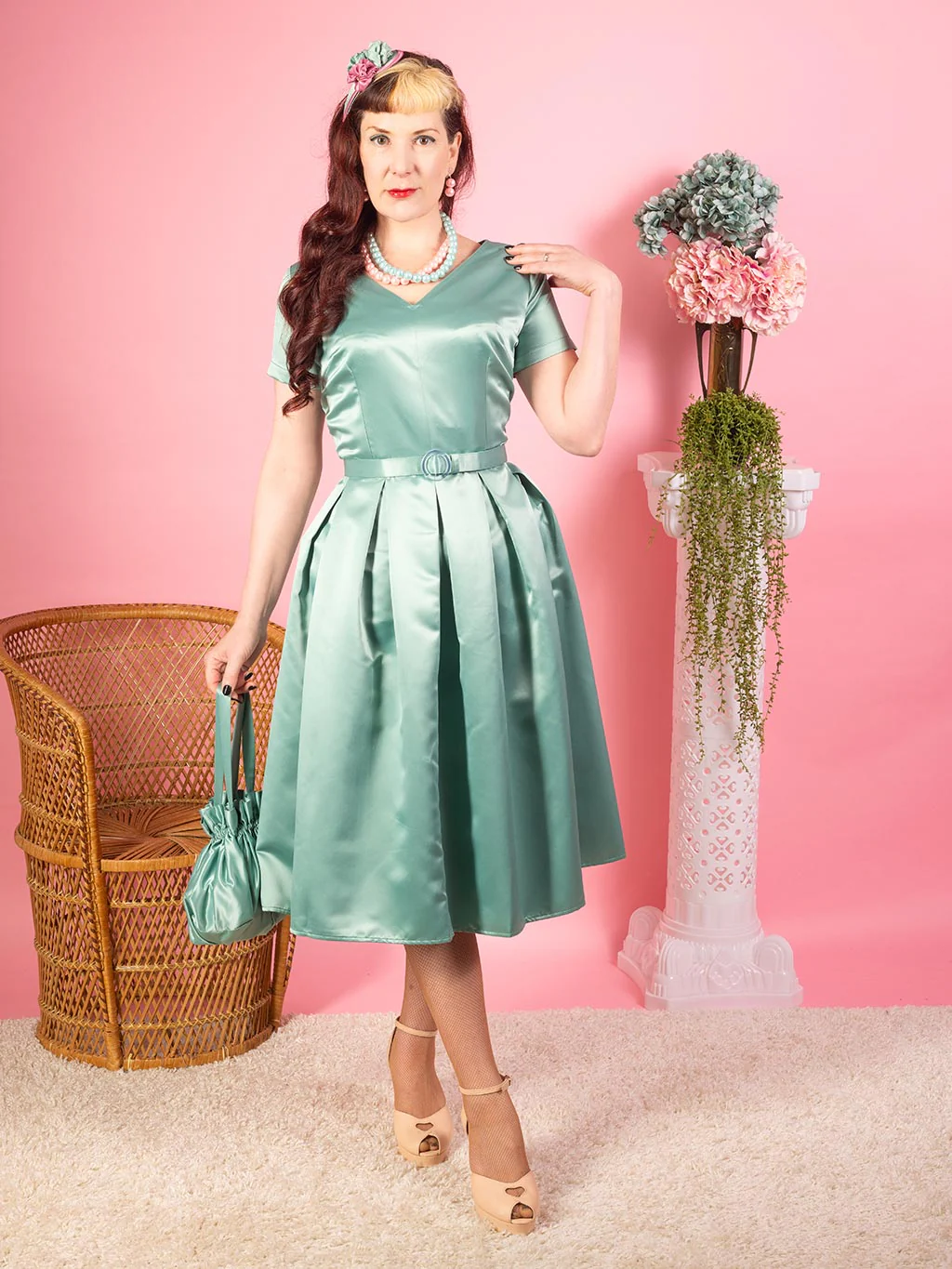 Denise 1950s Satin Pleated Dress Sage Green - Image 6
