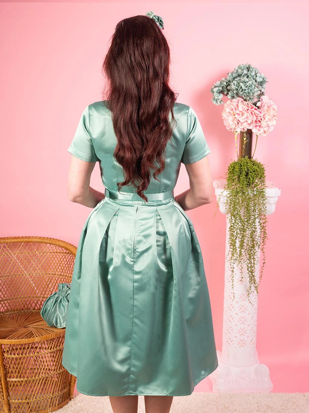 Denise 1950s Satin Pleated Dress Sage Green - Image 7
